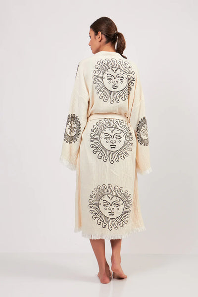 Hand-Woven Natural Cotton Black Sun Pattern Turkish Kimono