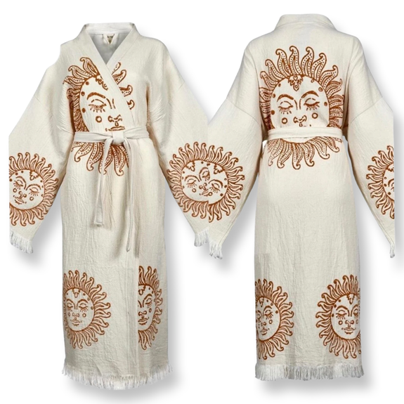 Hand-Woven Natural Cotton Orange Sun Pattern Turkish Towel Kimono